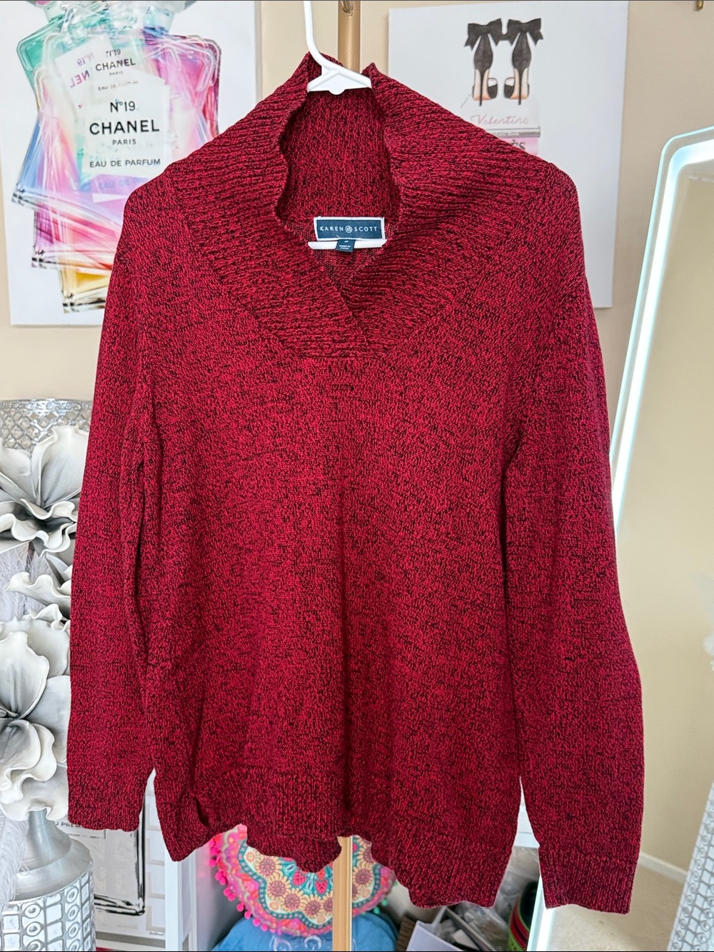 Karen Scott Burgundy Red Shawl-Collar Pullover Sweater
